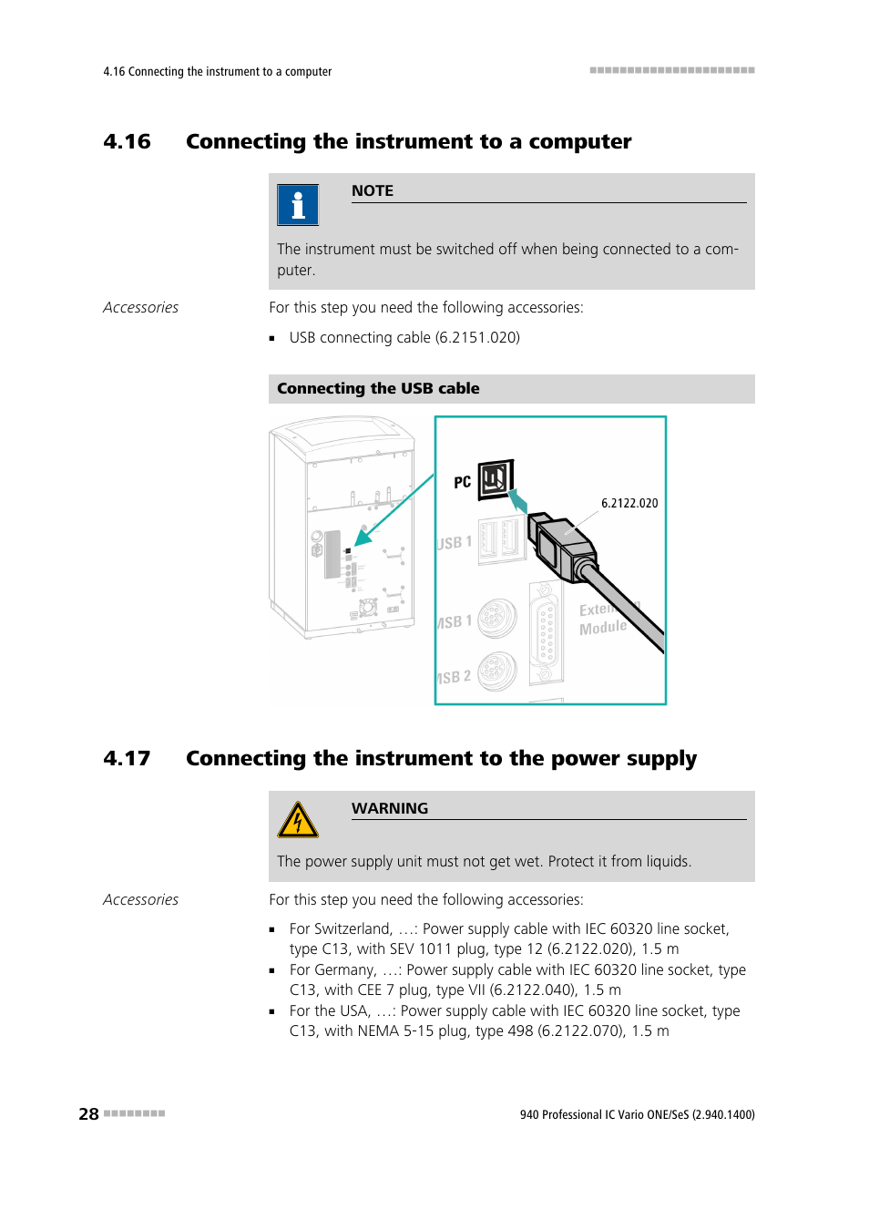 16 connecting the instrument to a computer, 17 connecting the instrument to the power supply | Metrohm 940 Professional IC Vario ONE/SeS User Manual | Page 36 / 50