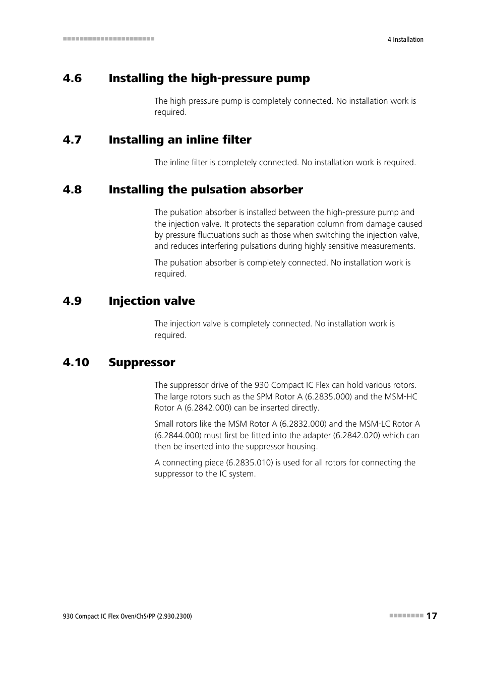 6 installing the high-pressure pump, 7 installing an inline filter, 8 installing the pulsation absorber | 9 injection valve, 10 suppressor, Installing the high-pressure pump, Installing an inline filter, Installing the pulsation absorber, Injection valve | Metrohm 930 Compact IC Flex Oven/ChS/PP User Manual | Page 25 / 47