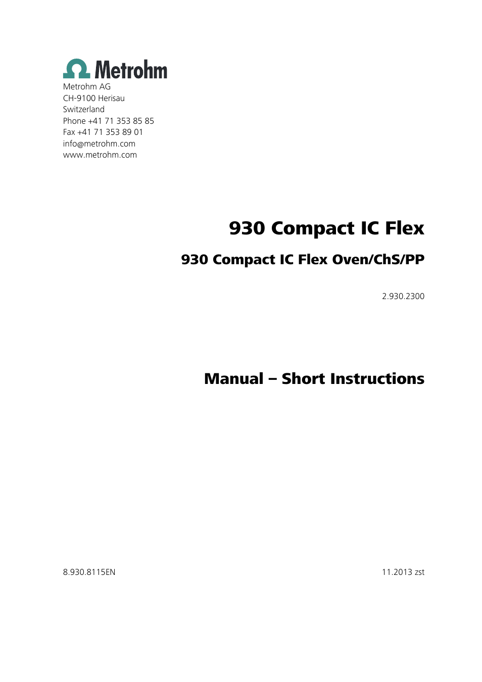 930 compact ic flex, Manual – short instructions, 930 compact ic flex oven/chs/pp | Metrohm 930 Compact IC Flex Oven/ChS/PP User Manual | Page 3 / 47
