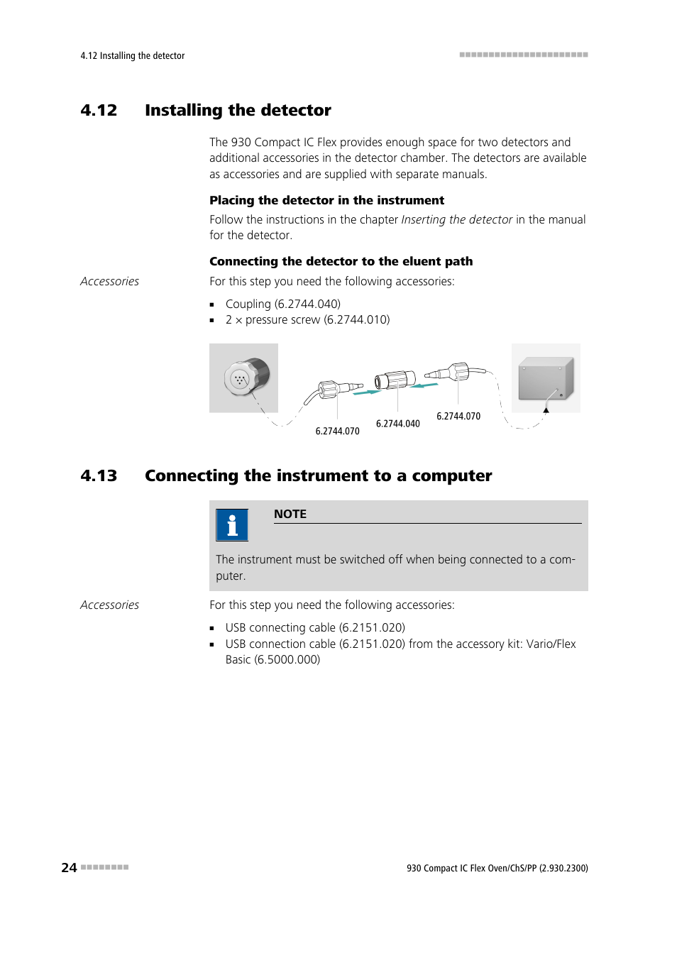 12 installing the detector, 13 connecting the instrument to a computer | Metrohm 930 Compact IC Flex Oven/ChS/PP User Manual | Page 32 / 47