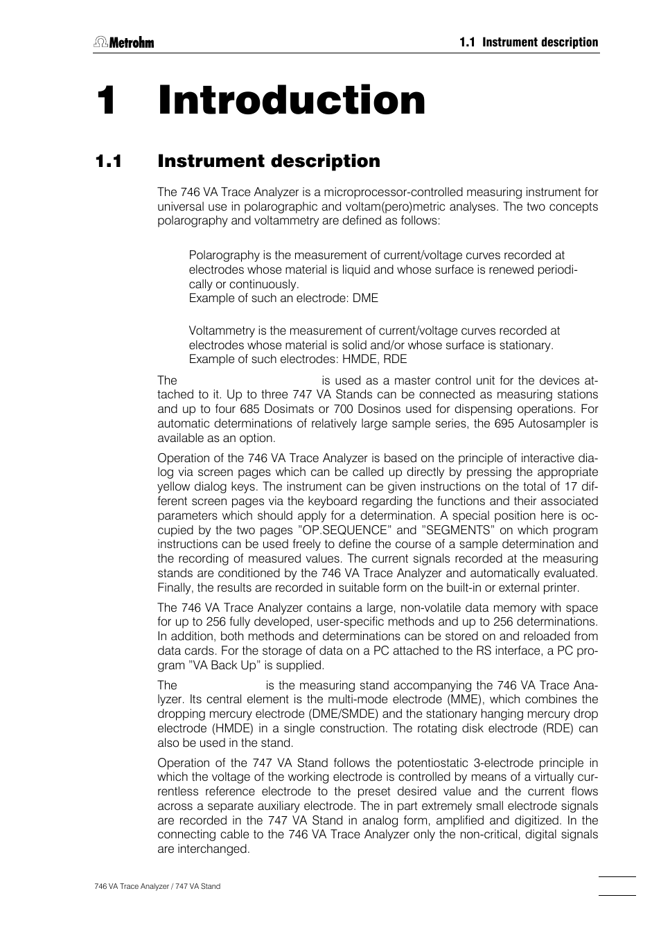 Section 1, Introduction, 1 introduction | 1 instrument description, 2 information about the instructions for use, Organization -2, Notation and pictograms -3, 3 support documentation | Metrohm 746 VA Trace Analyzer User Manual | Page 10 / 617