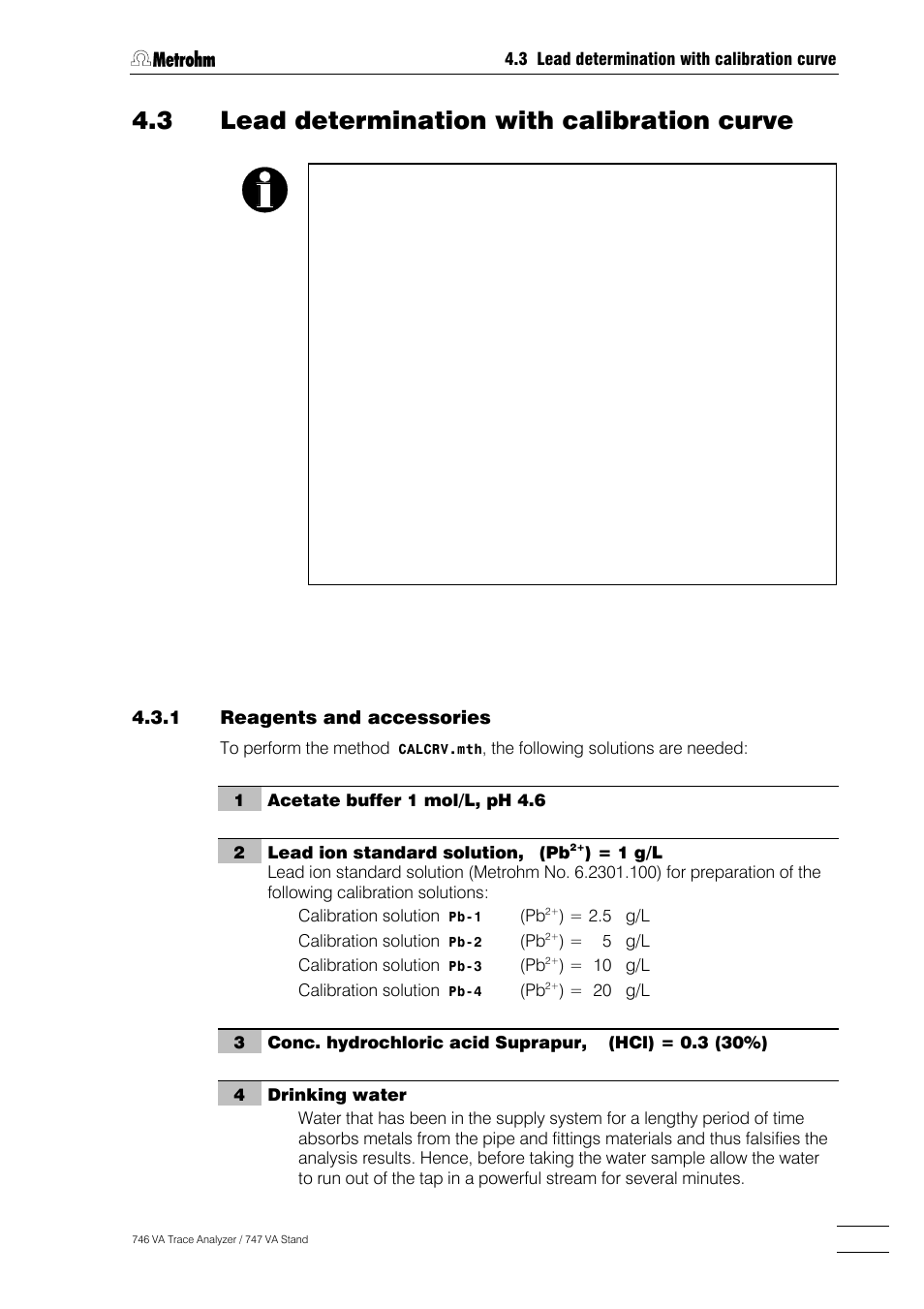 3 lead determination with calibration curve, Reagents and accessories -29, Loading the method | Calcrv.mth -30, Method specifications of the method, Calcrv.mth -31, Recording the calibration curve -34, Performing the determination -38 | Metrohm 746 VA Trace Analyzer User Manual | Page 114 / 617