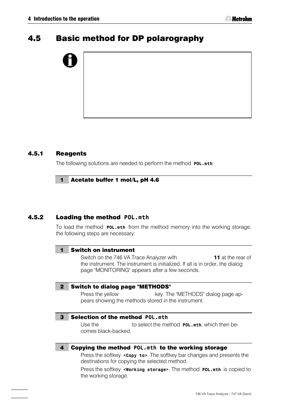 5 basic method for dp polarography, Reagents -56, Loading the method | Pol.mth -56, Method specifications of the method, Pol.mth -57, Performing the determination -59 | Metrohm 746 VA Trace Analyzer User Manual | Page 141 / 617