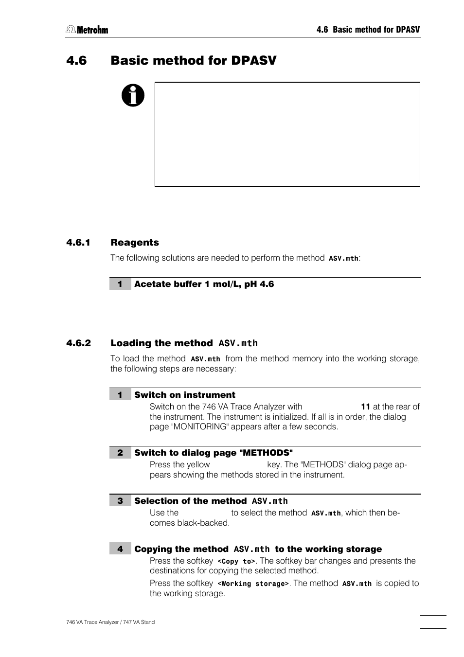 6 basic method for dpasv, Reagents -61, Loading the method | Asv.mth -61, Method specifications of the method, Asv.mth -62, Performing the determination -64 | Metrohm 746 VA Trace Analyzer User Manual | Page 146 / 617