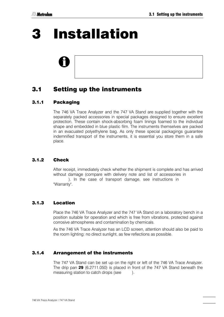 Section 3, Installation, 3 installation | 1 setting up the instruments, Packaging -1, Check -1, Location -1, Arrangement of the instruments -1 | Metrohm 746 VA Trace Analyzer User Manual | Page 28 / 617