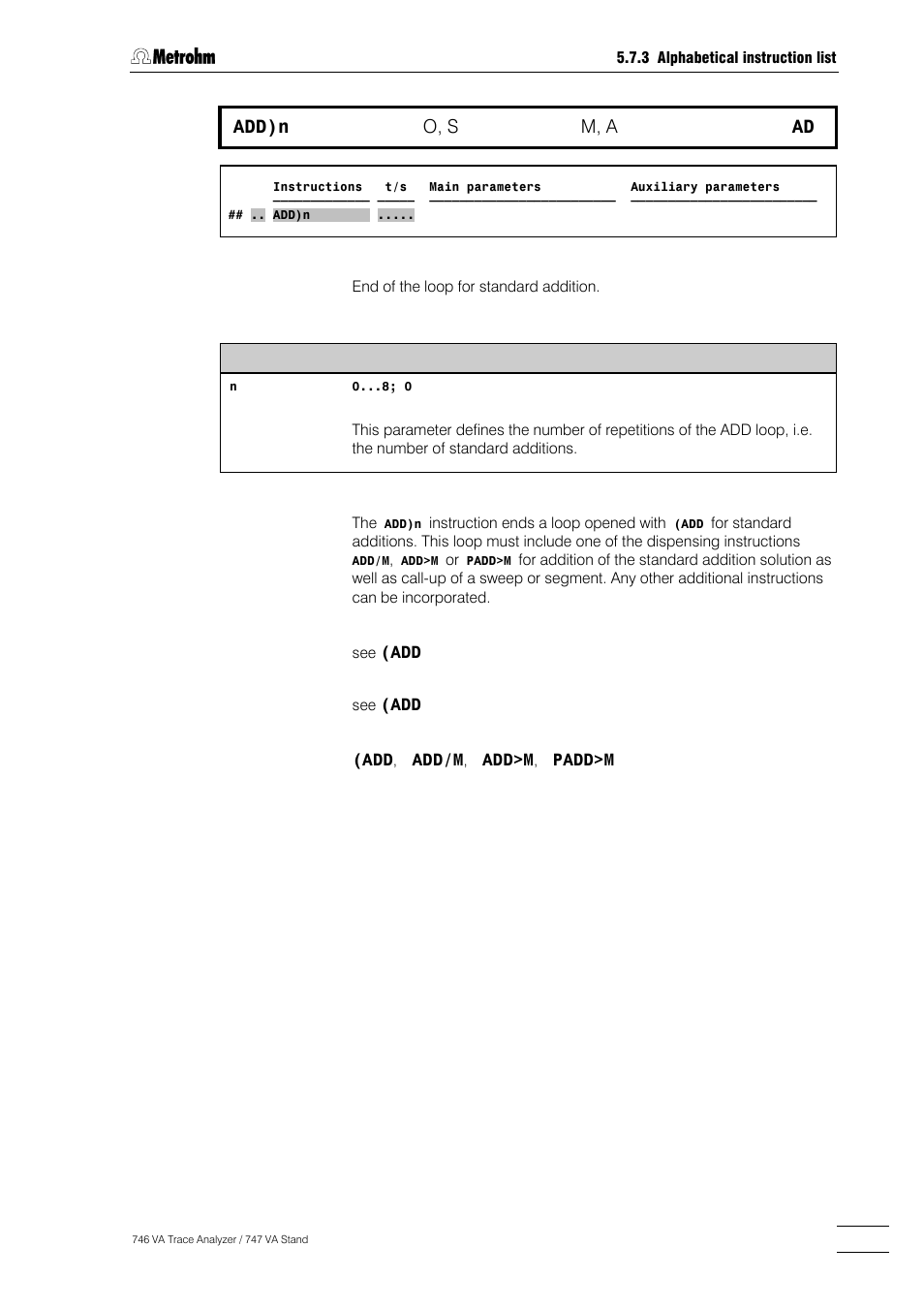 191 add)n, O, s, M, a | Metrohm 746 VA Trace Analyzer User Manual | Page 342 / 617