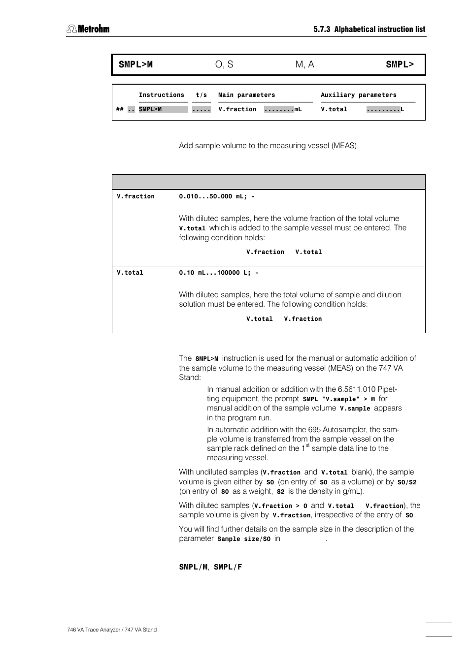 291 smpl>m, O, s, M, a | Smpl | Metrohm 746 VA Trace Analyzer User Manual | Page 442 / 617