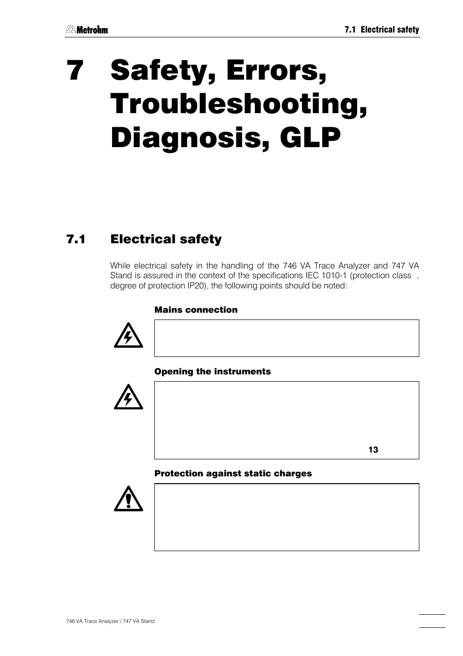 Section 7, Safety, errors, trouble, Shooting, diagnosis, glp | 7 safety, errors, troubleshooting, Diagnosis, glp, 1 electrical safety, 7 safety, errors, troubleshooting, diagnosis, glp | Metrohm 746 VA Trace Analyzer User Manual | Page 500 / 617