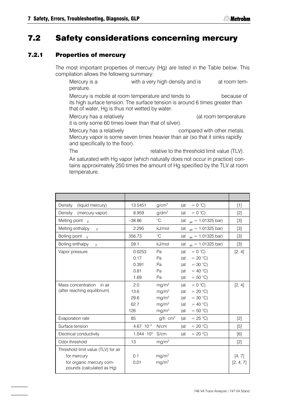 2 safety considerations concerning mercury, Properties of mercury -2, Toxicity of mercury and its compounds -3 | Handling of mercury -3, References dealing with mercury -5, 1 properties of mercury | Metrohm 746 VA Trace Analyzer User Manual | Page 501 / 617