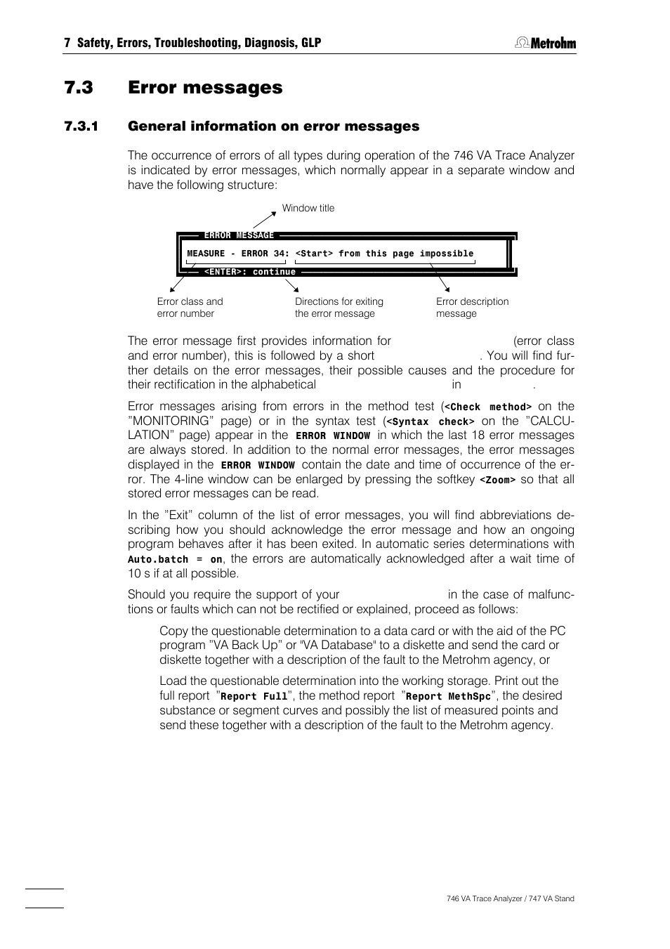 3 error messages, General information on error messages -6, List of error messages -7 | Instrument initialization -29, 1 general information on error messages | Metrohm 746 VA Trace Analyzer User Manual | Page 505 / 617
