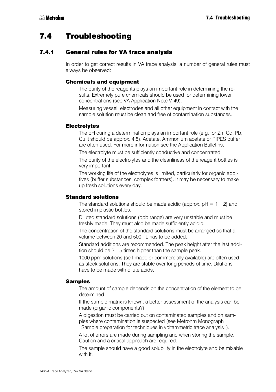 4 troubleshooting, General rules for va trace analysis -33, Problems with dme/smde -35 | Problems with hmde -37, Problems with rde -40 | Metrohm 746 VA Trace Analyzer User Manual | Page 532 / 617