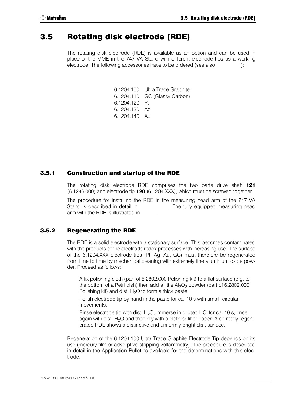 Rotating disk electrode (rde), 1 construction and startup of the rde -27, 2 regenerating the rde -27 | 5 rotating disk electrode (rde) | Metrohm 746 VA Trace Analyzer User Manual | Page 54 / 617
