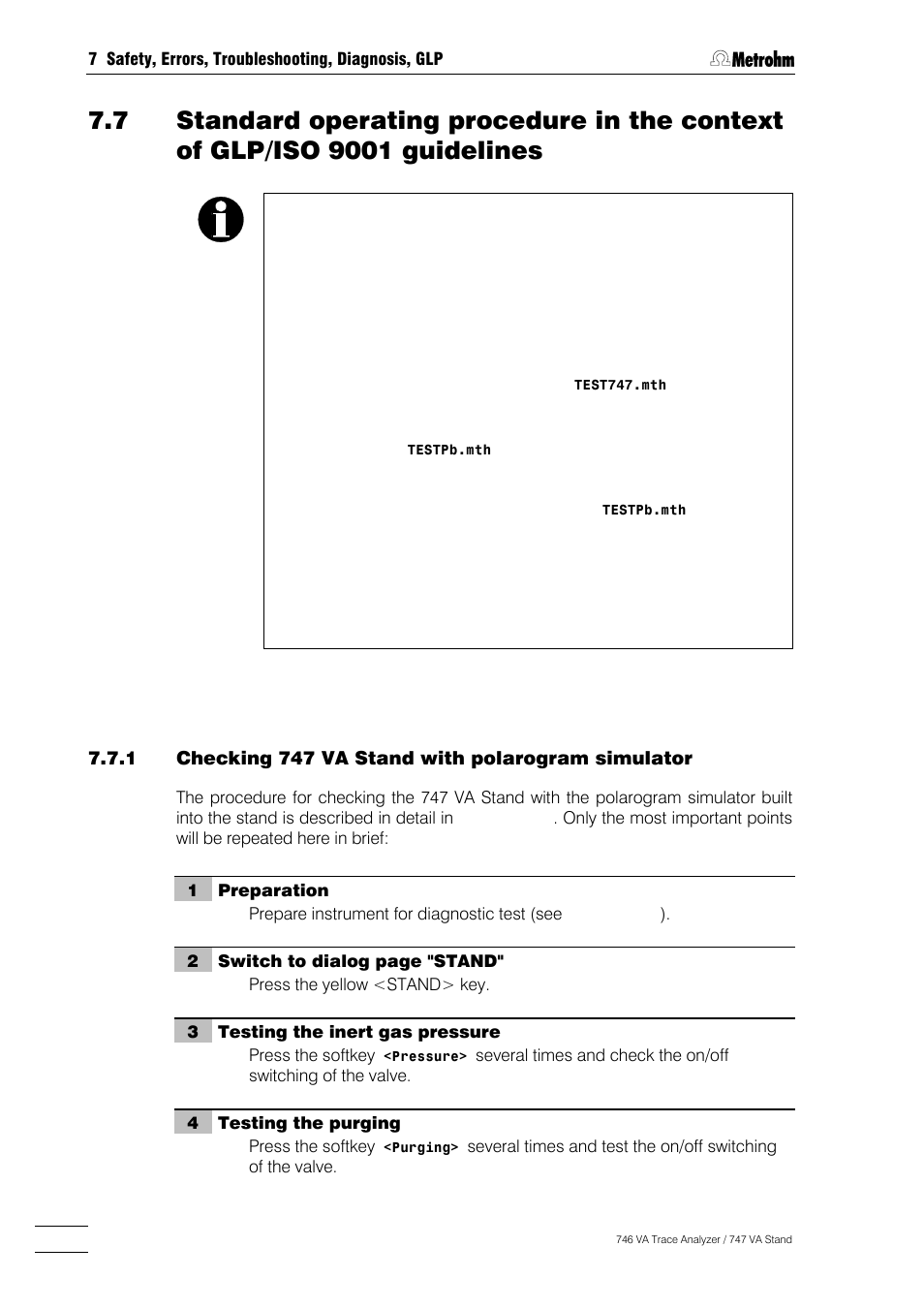 7 standard operating procedure in the context of, Glp/iso 9001 guidelines, Loading the | Testpb.mth method -60, Preparing the sample solution -60, Performing the determination -61, Assessment of the determination -62 | Metrohm 746 VA Trace Analyzer User Manual | Page 557 / 617