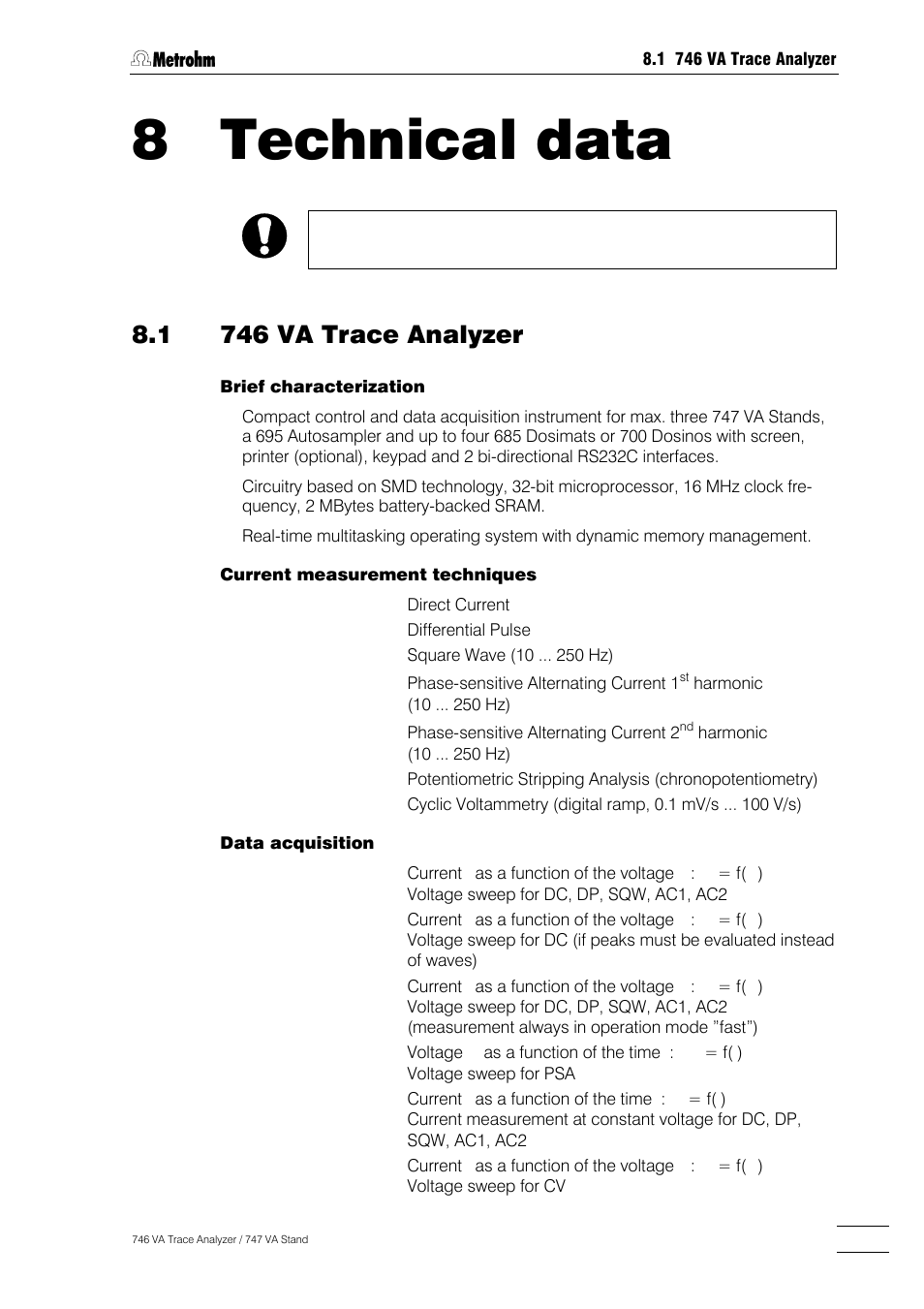 Section 8, Technical data, 8 technical data | 1 746 va trace analyzer | Metrohm 746 VA Trace Analyzer User Manual | Page 562 / 617