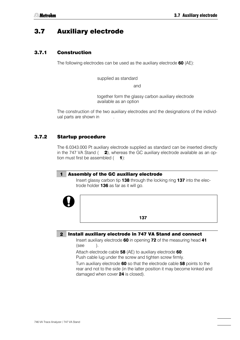 Auxiliary electrode, 1 construction -31, 2 startup procedure -31 | 7 auxiliary electrode | Metrohm 746 VA Trace Analyzer User Manual | Page 58 / 617