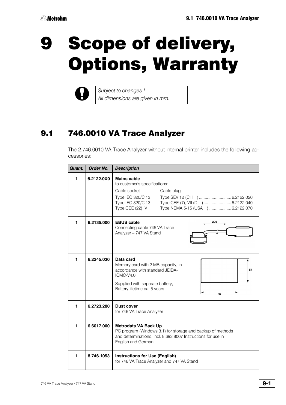Section 9, Scope of delivery, options, Warranty | 9 scope of delivery, options, warranty, 1 746.0010 va trace analyzer, 2 746.0020 va trace analyzer, 3 747.0010 va stand, 4 options for 747 va stand, 5 optional peripherals, cables and software, 6 warranty | Metrohm 746 VA Trace Analyzer User Manual | Page 580 / 617