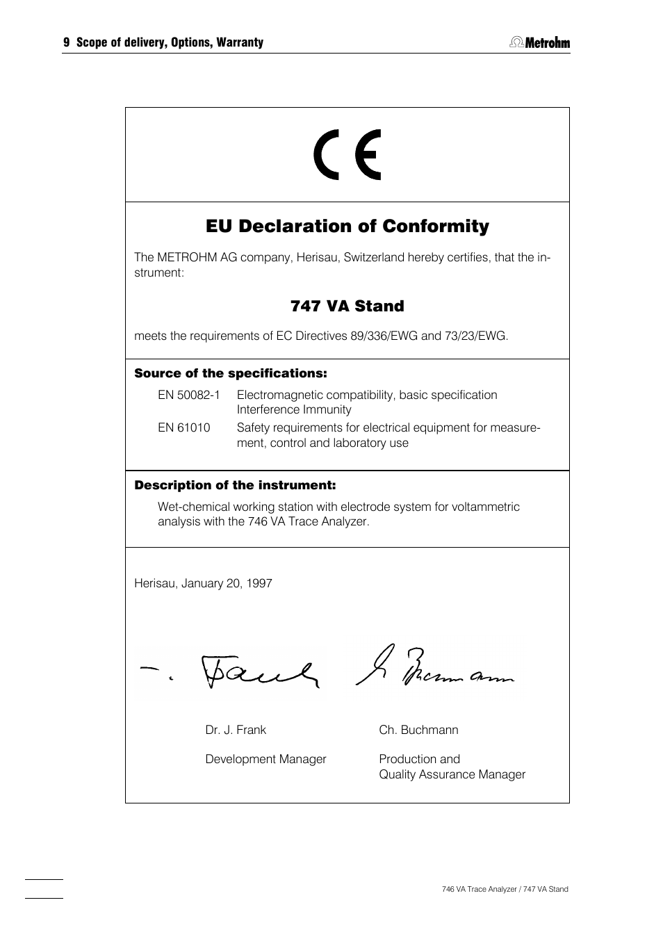 Eu declaration of conformity, 747 va stand | Metrohm 746 VA Trace Analyzer User Manual | Page 595 / 617