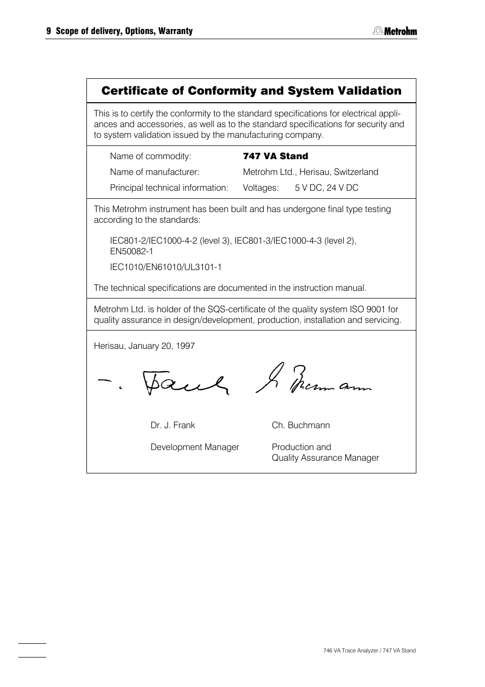 Certificate of conformity and system validation | Metrohm 746 VA Trace Analyzer User Manual | Page 597 / 617