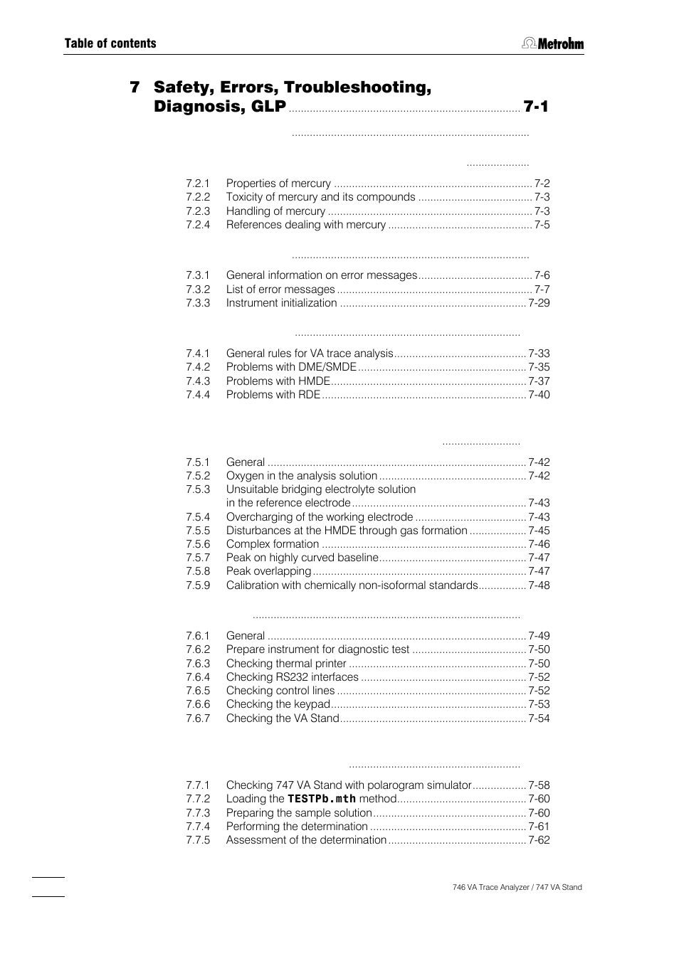 7 safety, errors, troubleshooting, diagnosis, glp | Metrohm 746 VA Trace Analyzer User Manual | Page 7 / 617