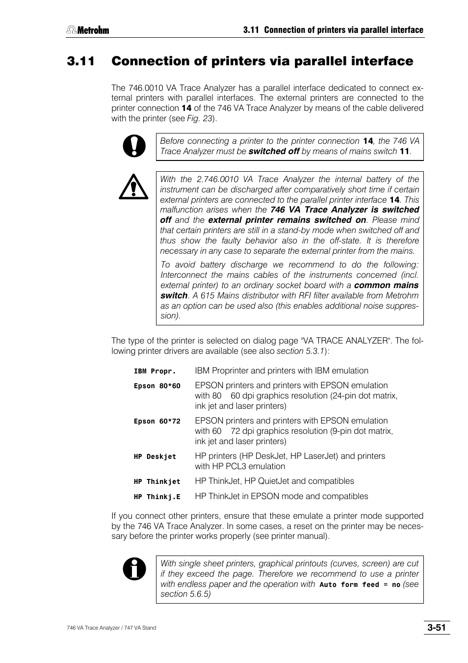 Connection of printers via parallel interface, 11 connection of printers via parallel interface | Metrohm 746 VA Trace Analyzer User Manual | Page 78 / 617