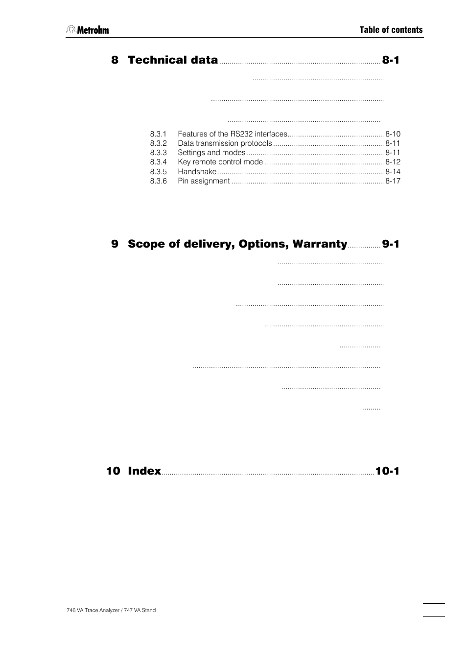 8 technical data, 9 scope of delivery, options, warranty, 10 index | Metrohm 746 VA Trace Analyzer User Manual | Page 8 / 617