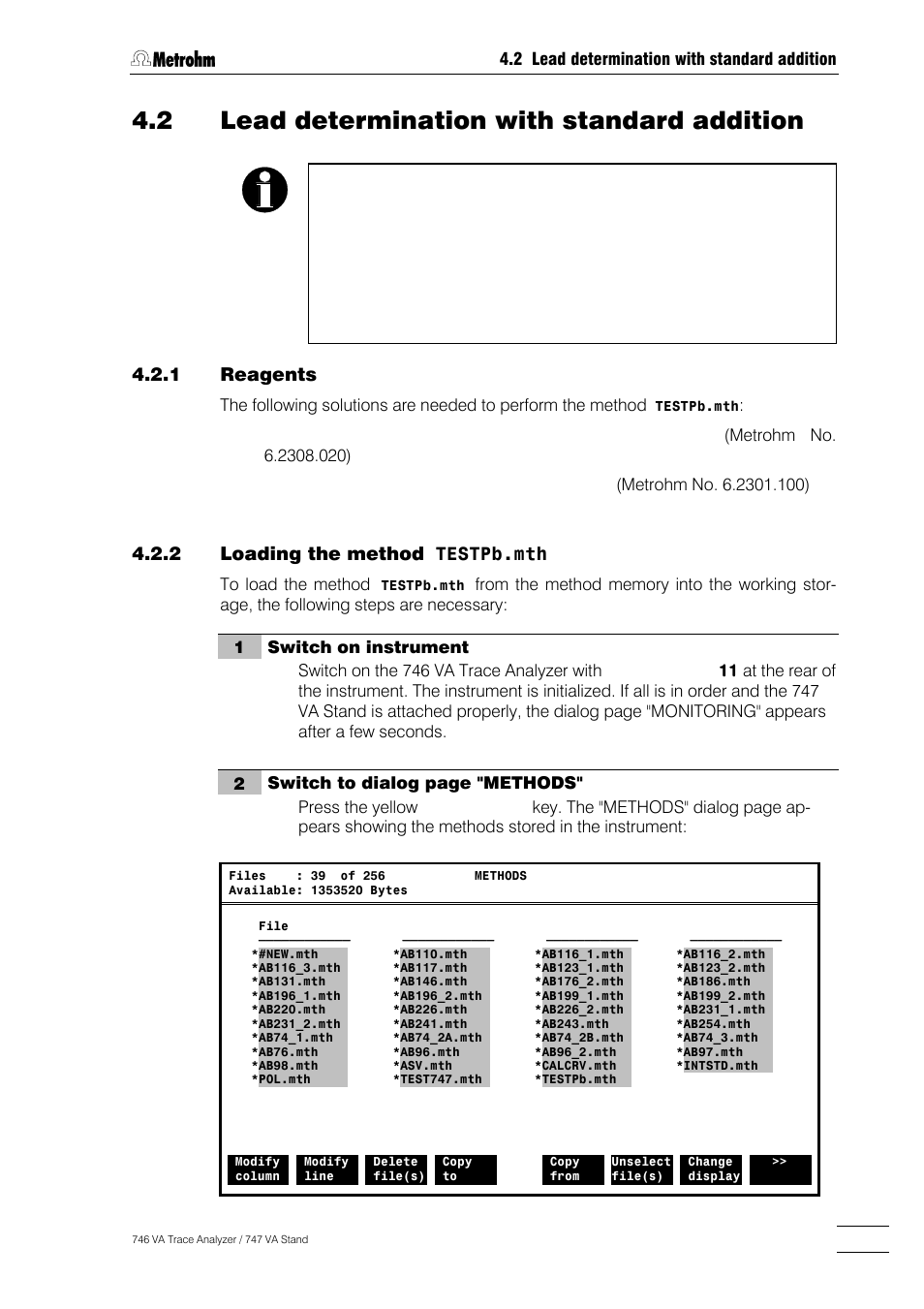 2 lead determination with standard addition, Reagents -9, Loading the method | Testpb.mth -9, Method specifications of the method, Testpb.mth -10, Preparing the sample solution -16, Performing the determination -17, Storing the determination -23, Display of the results -25 | Metrohm 746 VA Trace Analyzer User Manual | Page 94 / 617