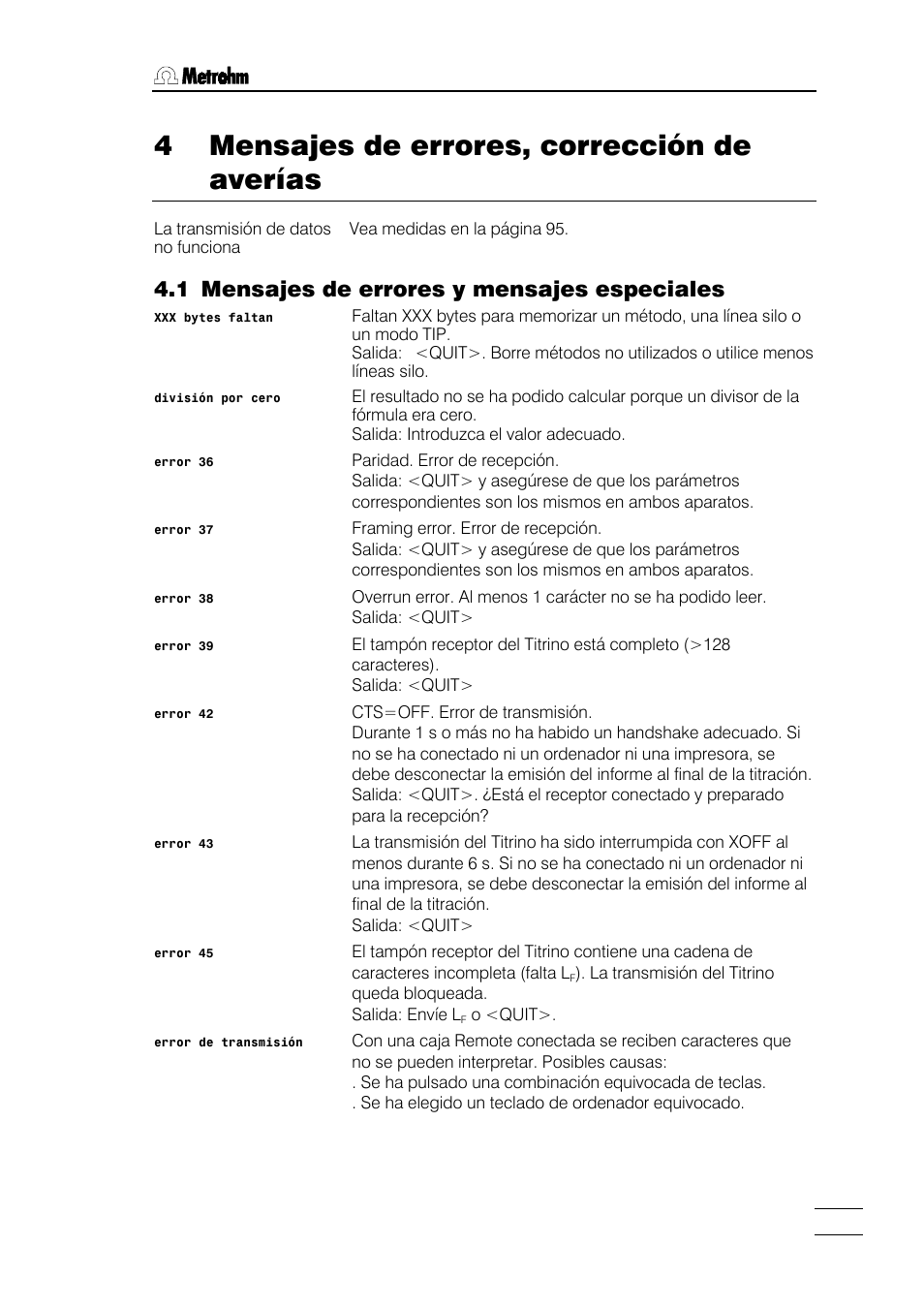 1 mensajes de errores y mensajes especiales, 4 mensajes de errores, corrección de averías | Metrohm 784 KFP Titrino User Manual | Page 102 / 155