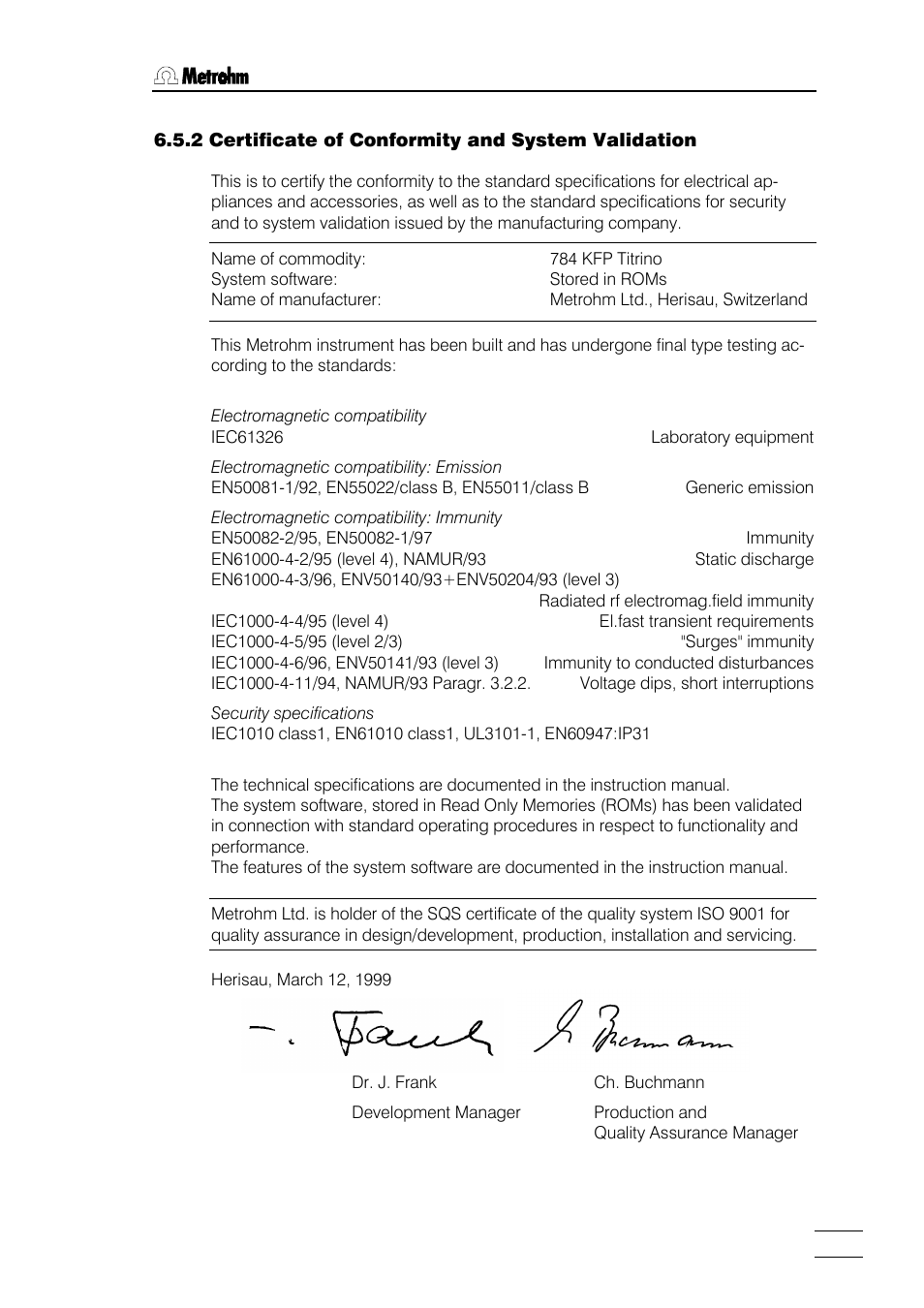 2 certificate of conformity and system validation | Metrohm 784 KFP Titrino User Manual | Page 146 / 155