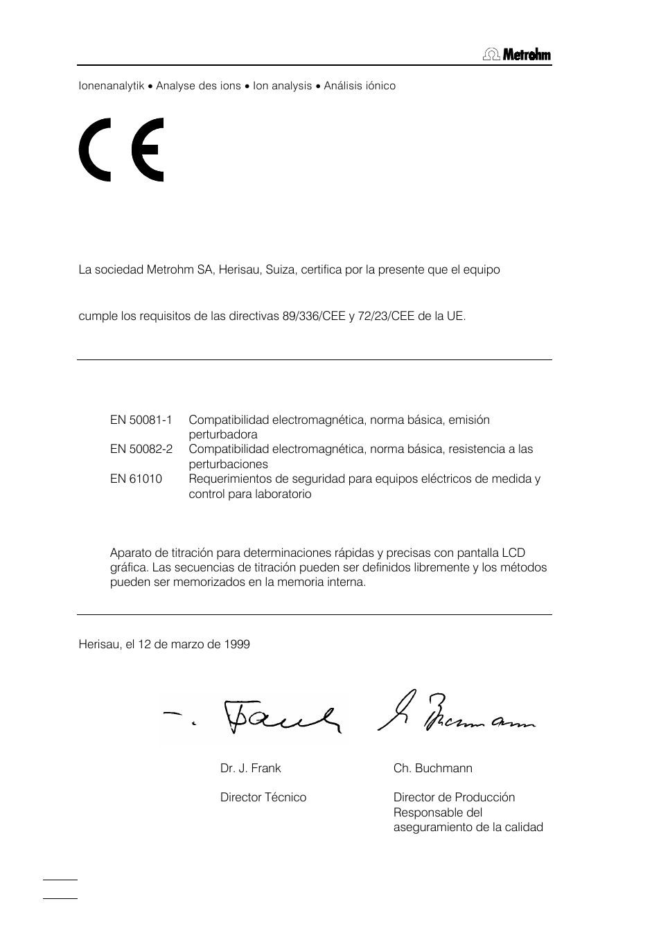 Declaración de conformidad ue, 784 kfp titrino | Metrohm 784 KFP Titrino User Manual | Page 147 / 155