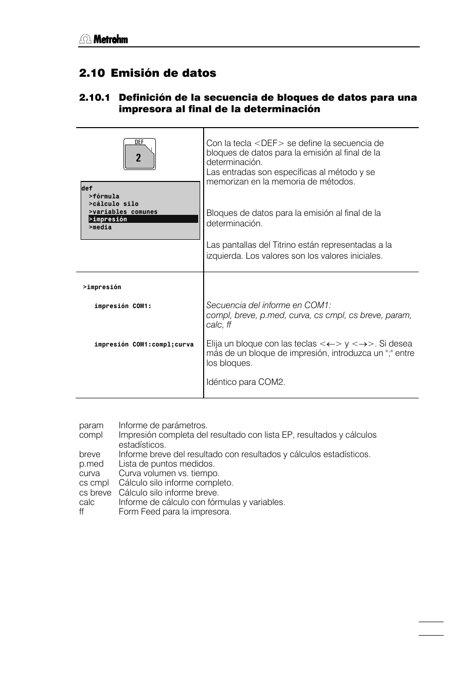 10 emisión de datos | Metrohm 784 KFP Titrino User Manual | Page 36 / 155