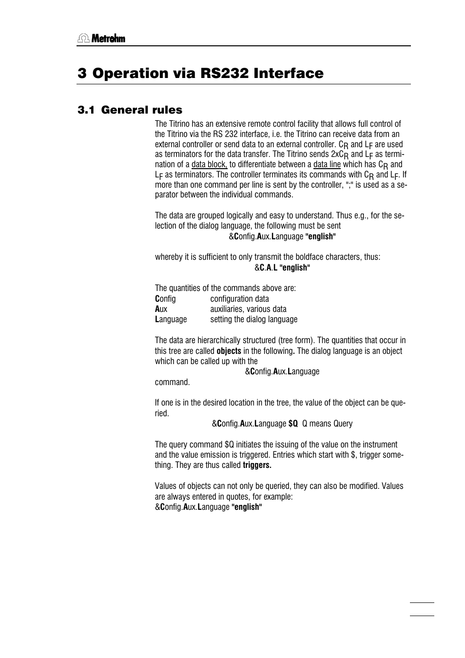 1 general rules, 3 operation via rs232 interface | Metrohm 784 KFP Titrino User Manual | Page 50 / 155