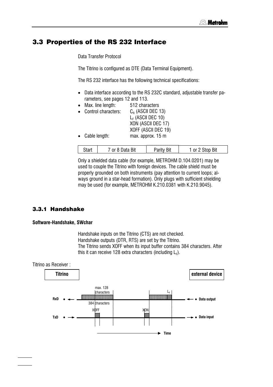 3 properties of the rs 232 interface, 1 handshake | Metrohm 784 KFP Titrino User Manual | Page 95 / 155