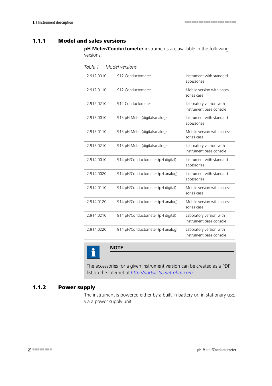 1 model and sales versions, 2 power supply, Model and sales versions | Power supply | Metrohm 914 pH / Conductometer User Manual | Page 12 / 99