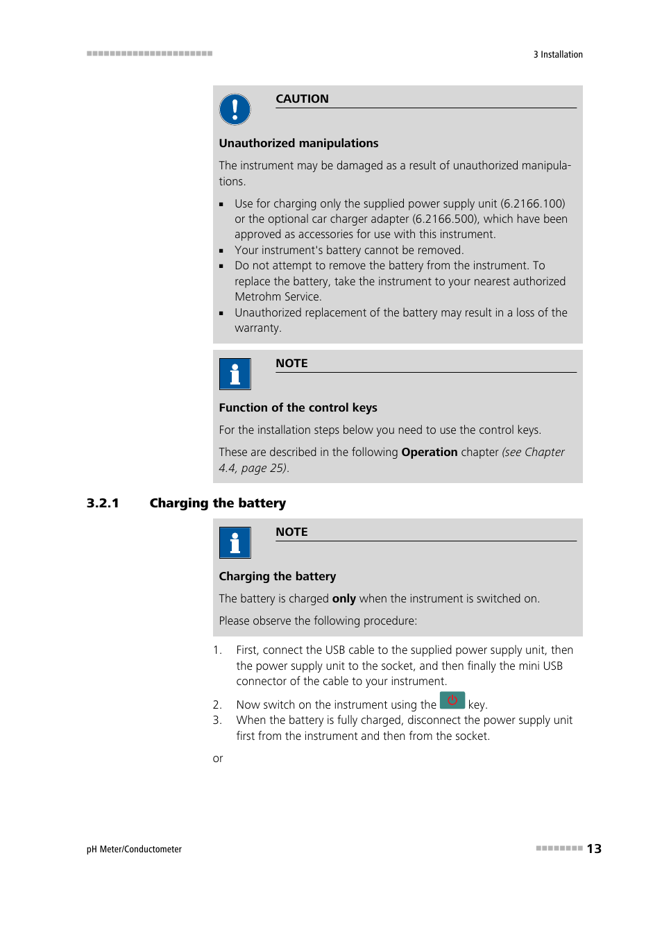 1 charging the battery, Charging the battery | Metrohm 914 pH / Conductometer User Manual | Page 23 / 99