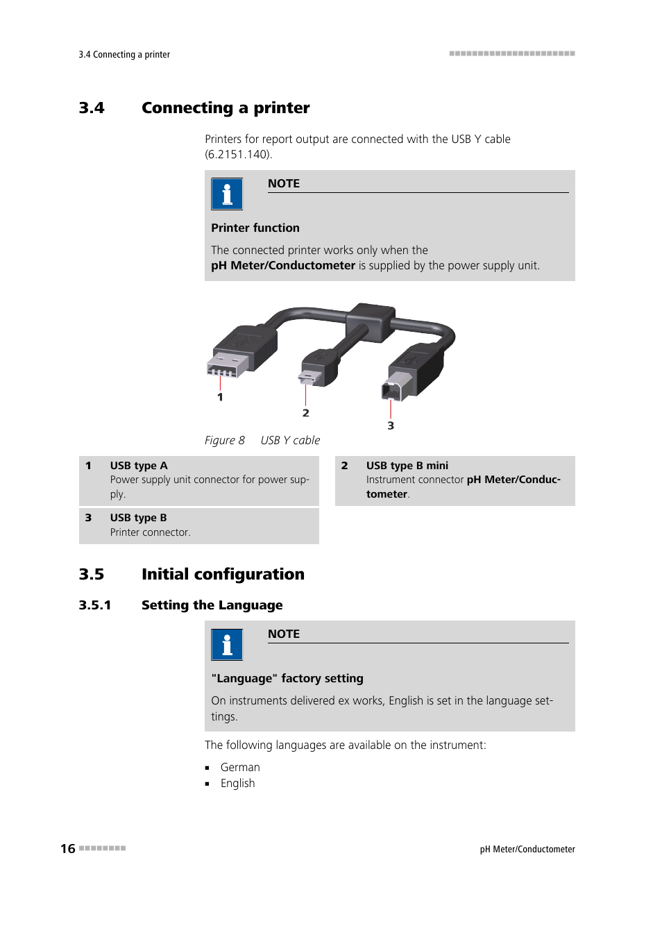 4 connecting a printer, 5 initial configuration, 1 setting the language | Connecting a printer, Initial configuration, Setting the language, Figure 8, Usb y cable | Metrohm 914 pH / Conductometer User Manual | Page 26 / 99