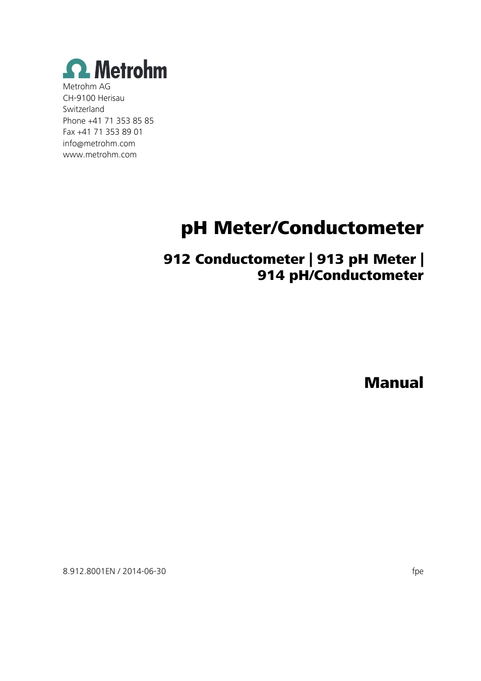 Ph meter/conductometer, Manual | Metrohm 914 pH / Conductometer User Manual | Page 3 / 99