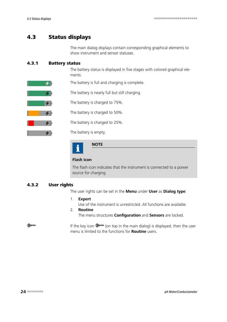 3 status displays, 1 battery status, 2 user rights | Status displays, Battery status, User rights | Metrohm 914 pH / Conductometer User Manual | Page 34 / 99