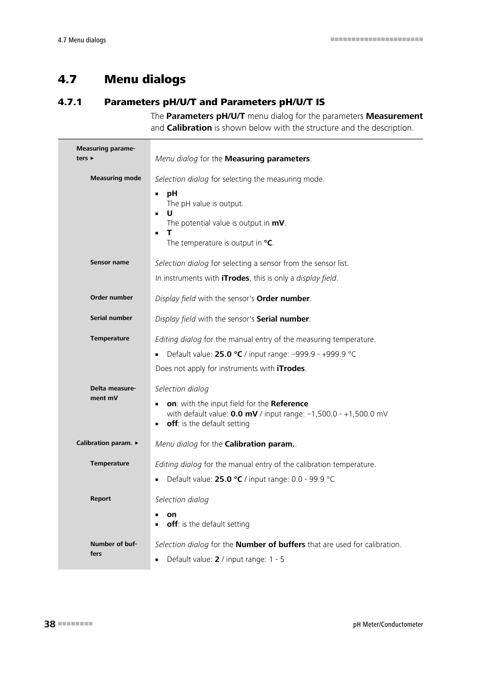 7 menu dialogs, 1 parameters ph/u/t and parameters ph/u/t is, Menu dialogs | Parameters ph/u/t and parameters ph/u/t is | Metrohm 914 pH / Conductometer User Manual | Page 48 / 99