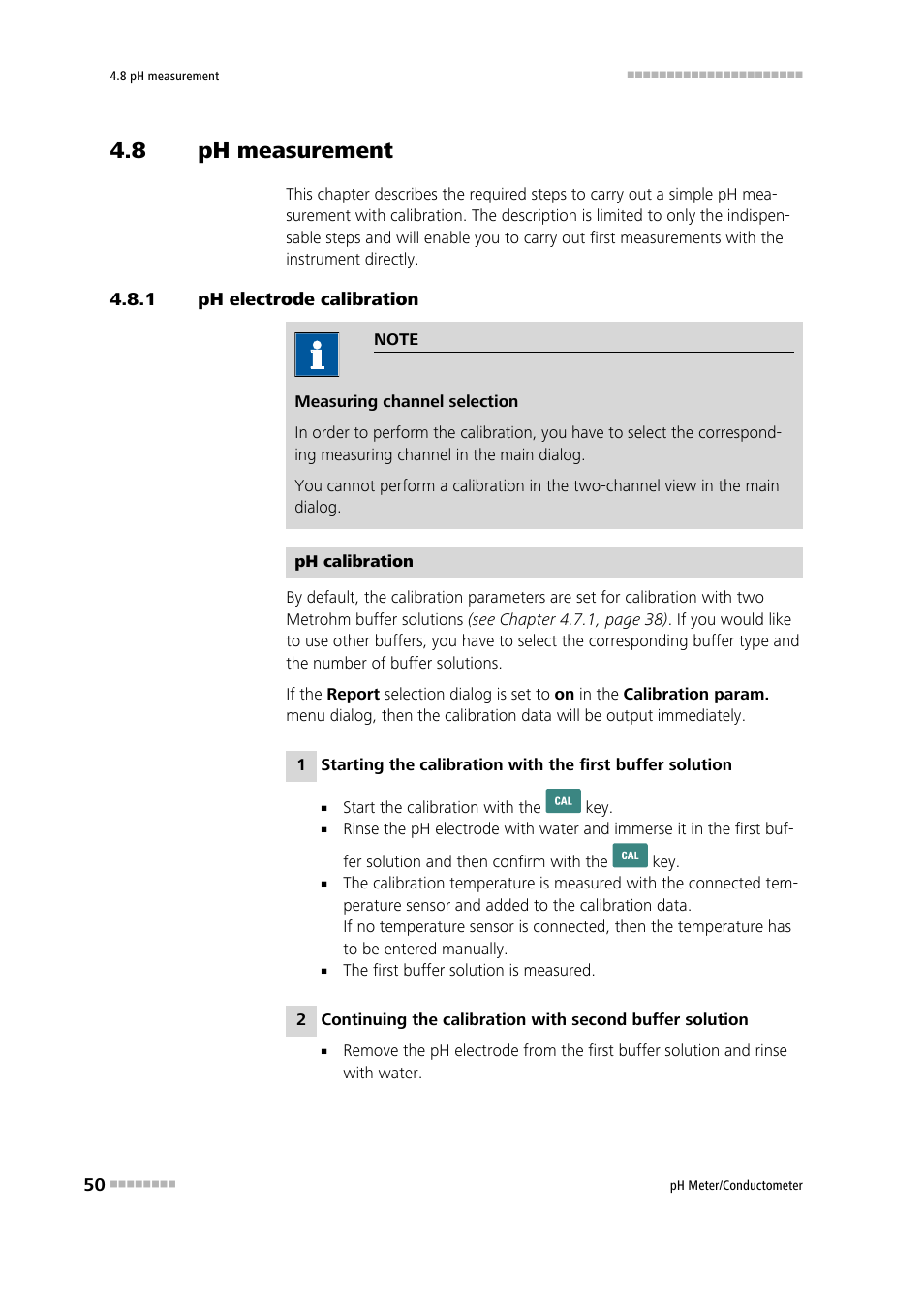 8 ph measurement, 1 ph electrode calibration, Ph measurement | Ph electrode calibration | Metrohm 914 pH / Conductometer User Manual | Page 60 / 99