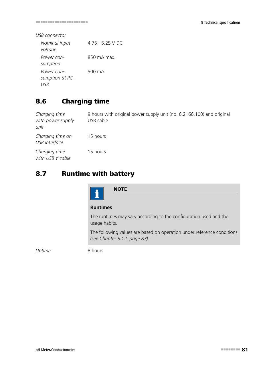 6 charging time, 7 runtime with battery, Charging time | Runtime with battery | Metrohm 914 pH / Conductometer User Manual | Page 91 / 99