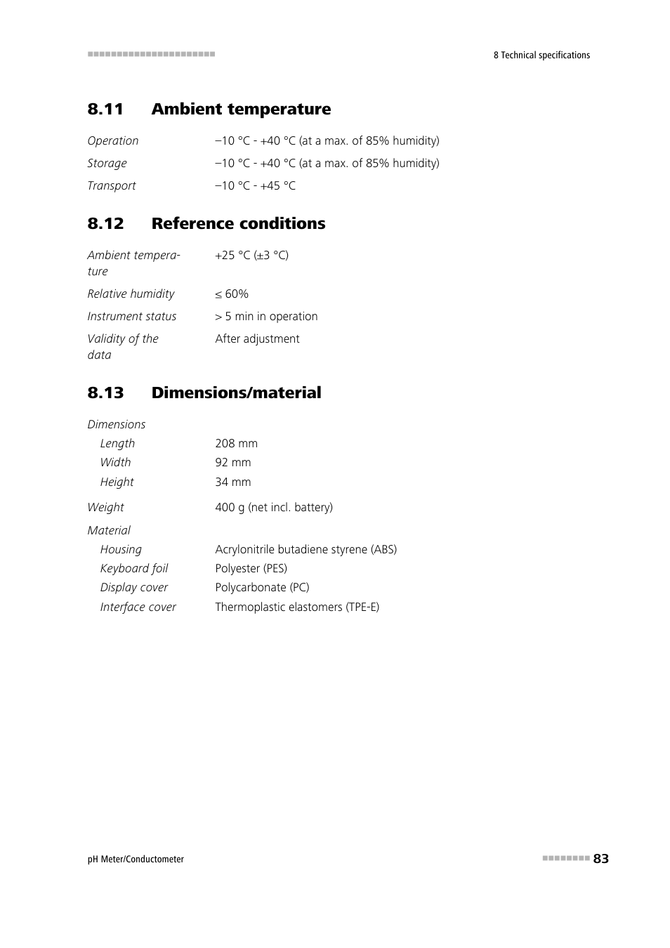 11 ambient temperature, 12 reference conditions, 13 dimensions/material | Metrohm 914 pH / Conductometer User Manual | Page 93 / 99