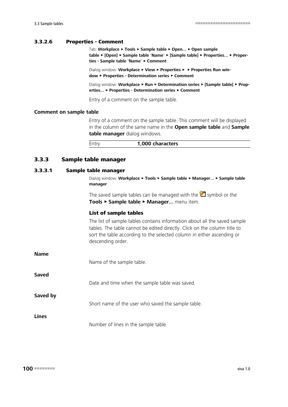 6 properties - comment, 3 sample table manager, 1 sample table manager | Sample table manager, Managing sample tables, Comment | Metrohm viva 1.0 Manual User Manual | Page 112 / 898