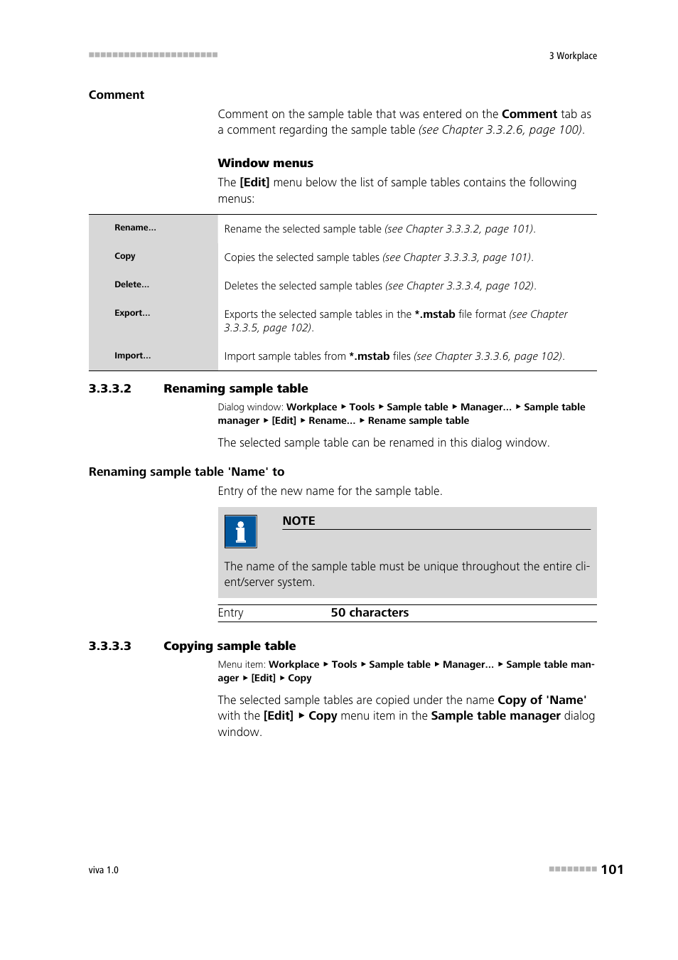 2 renaming sample table, 3 copying sample table | Metrohm viva 1.0 Manual User Manual | Page 113 / 898