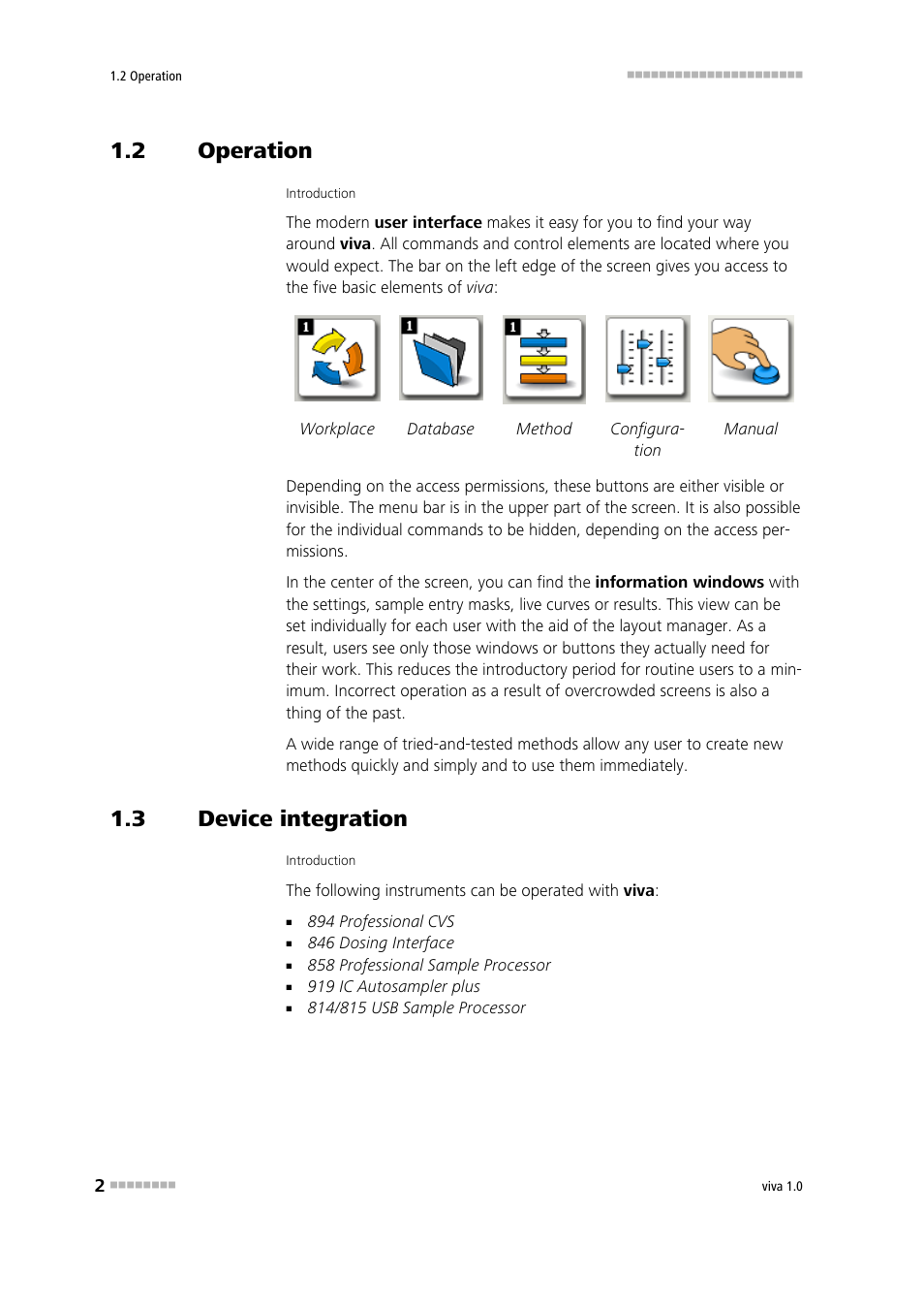 2 operation, 3 device integration, Operation | Device integration, Simple integration of devices and accessories | Metrohm viva 1.0 Manual User Manual | Page 14 / 898