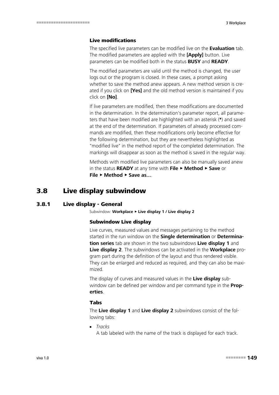 8 live display subwindow, 1 live display - general, Live display subwindow | Live display - general, Live display 1, Live display 2 | Metrohm viva 1.0 Manual User Manual | Page 161 / 898