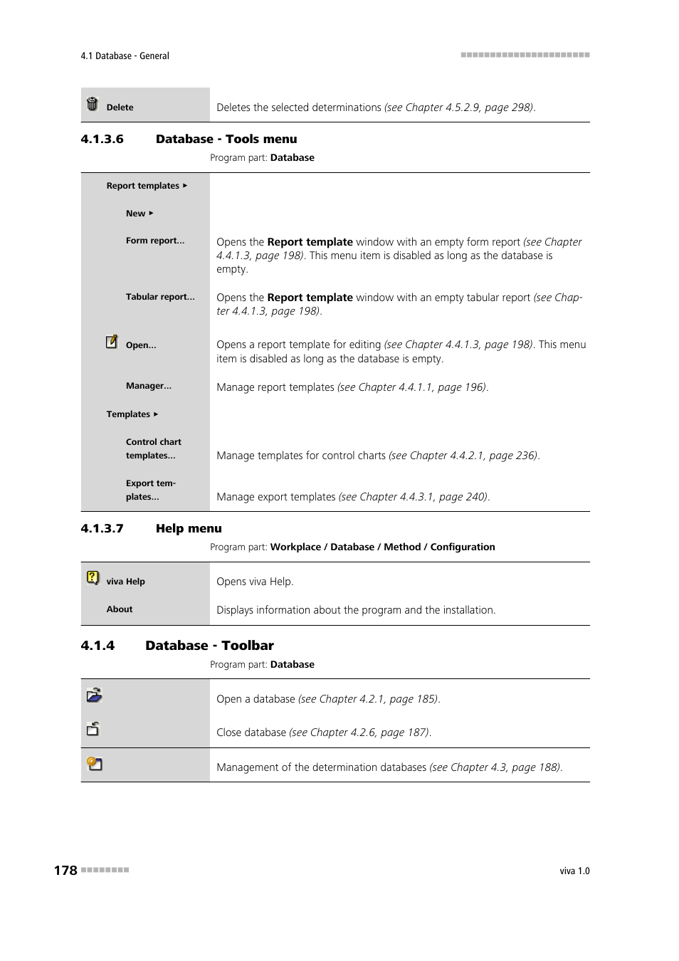 6 database - tools menu, 7 help menu, 4 database - toolbar | Database - toolbar, Tools | Metrohm viva 1.0 Manual User Manual | Page 190 / 898