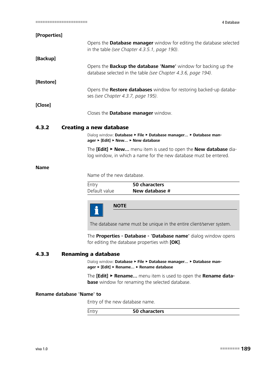 2 creating a new database, 3 renaming a database, Creating a new database | Renaming a database | Metrohm viva 1.0 Manual User Manual | Page 201 / 898