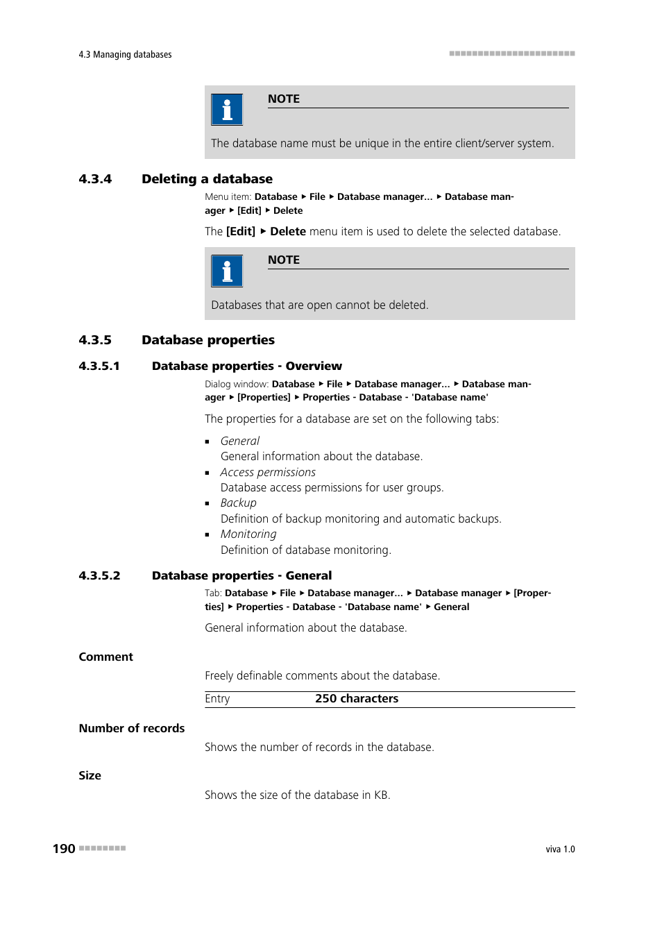 4 deleting a database, 5 database properties, 1 database properties - overview | 2 database properties - general, Deleting a database, Database properties, Editing database properties | Metrohm viva 1.0 Manual User Manual | Page 202 / 898