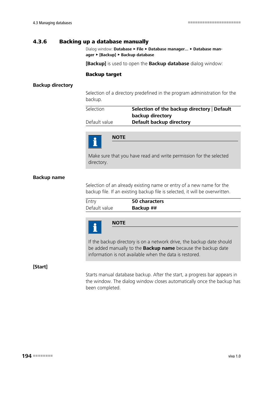 6 backing up a database manually, Backing up a database manually, Backing up a database | Metrohm viva 1.0 Manual User Manual | Page 206 / 898