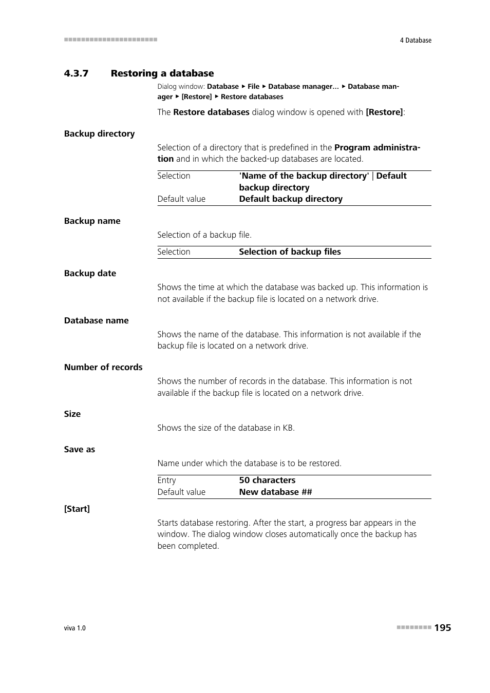 7 restoring a database, Restoring a database | Metrohm viva 1.0 Manual User Manual | Page 207 / 898